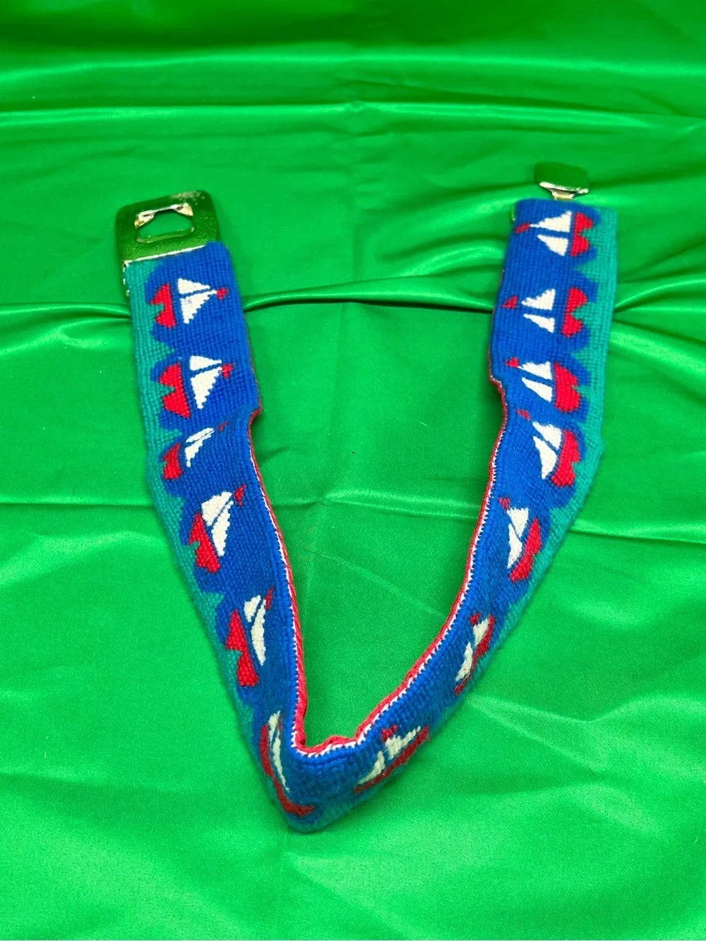 Kids Blue Sailboat Embroidered Belt with Red Lining
